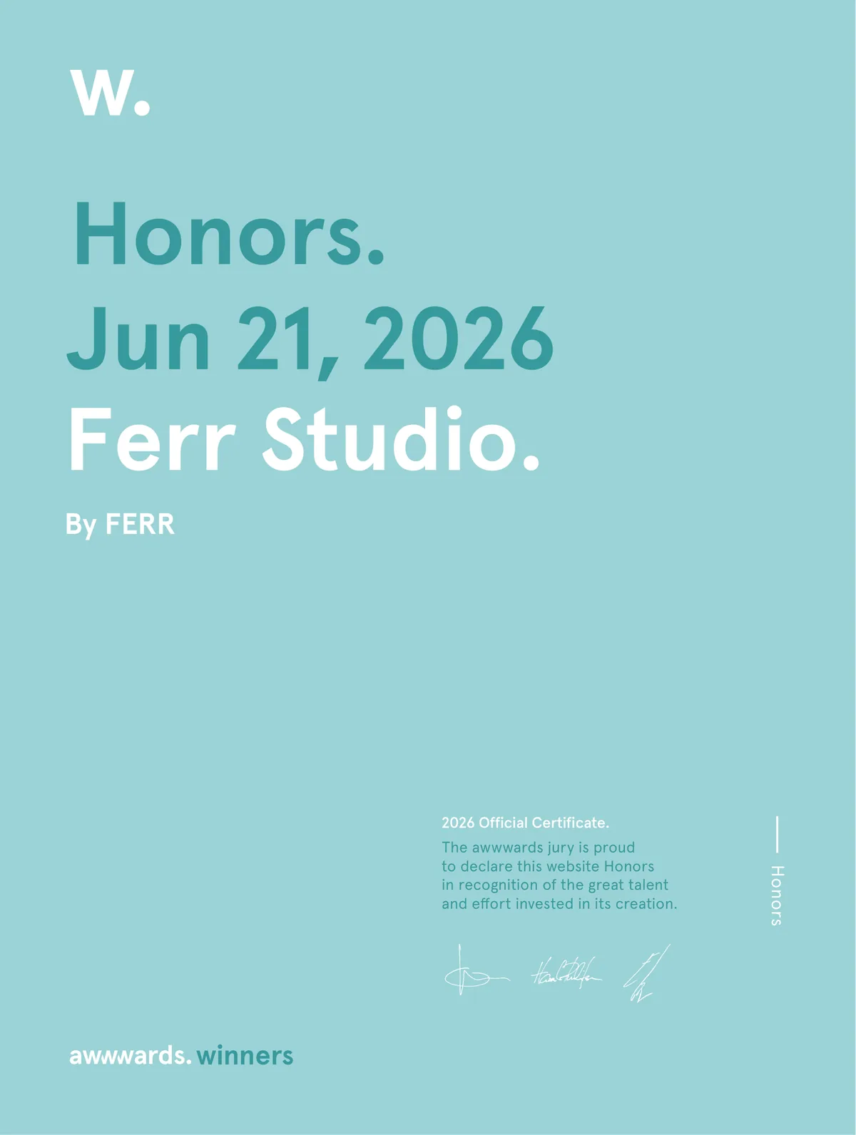 Certificat officiel Awwwards 2026, Honors, Ferr Studio, 21 juin 2026