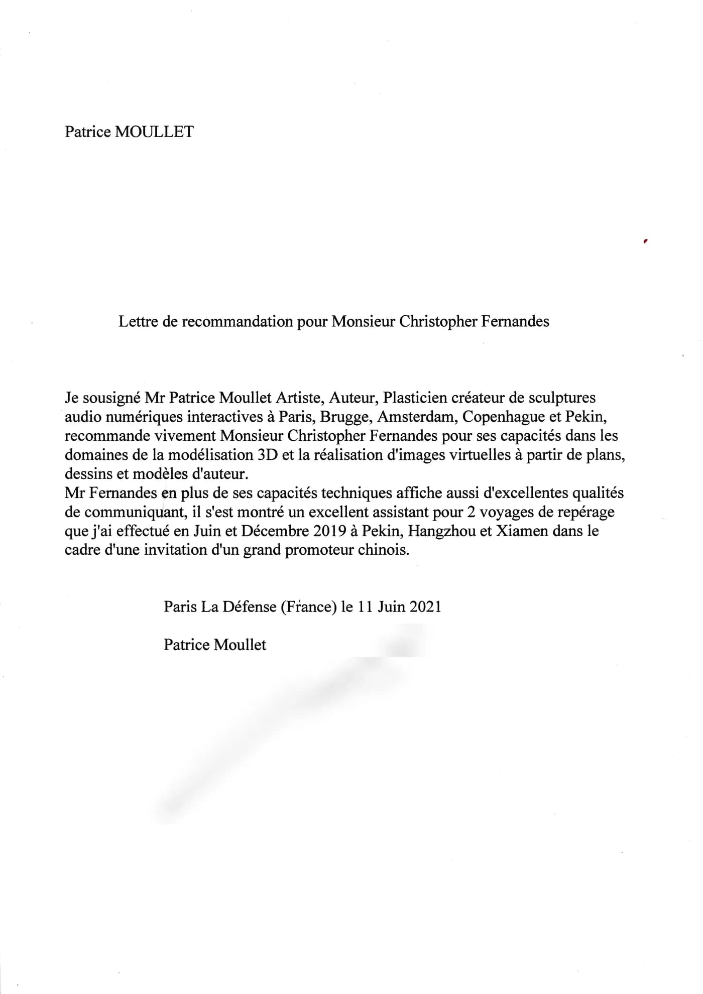 Lettre de recommandation signée par Patrice Moullet le 11 juin 2021